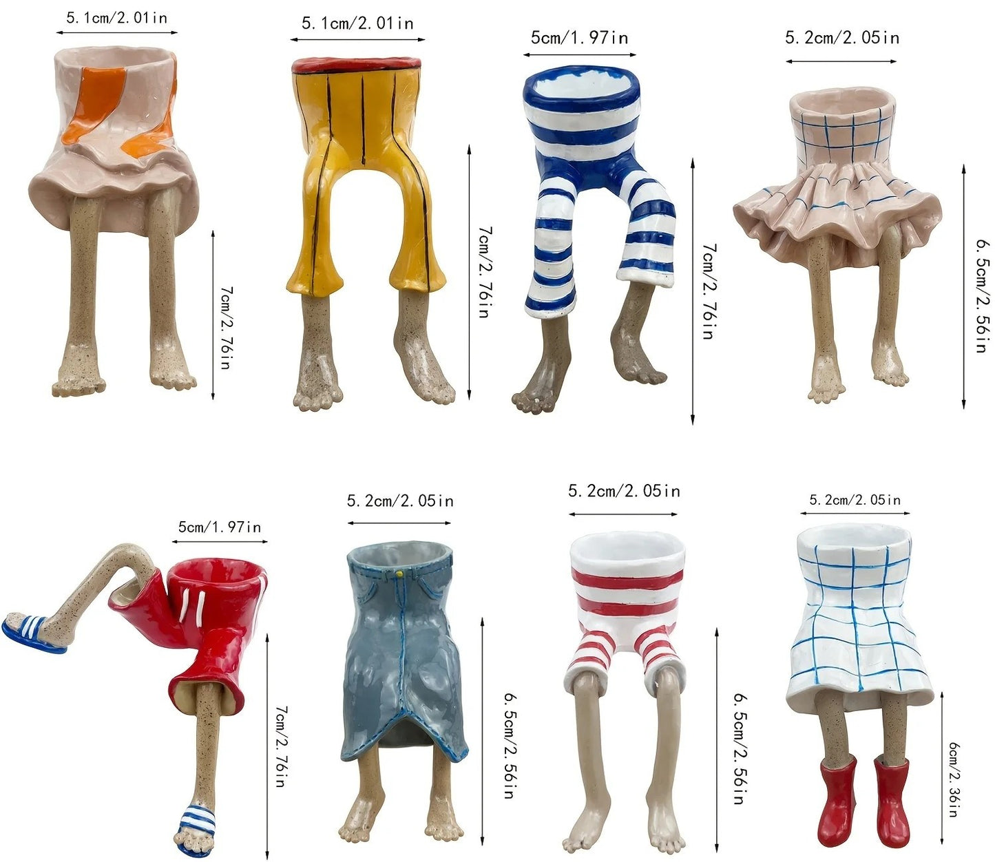 Eight ceramic plant pots shaped like legs wearing different colored shorts or dresses, shown with dimension labels and measurements on a white background.