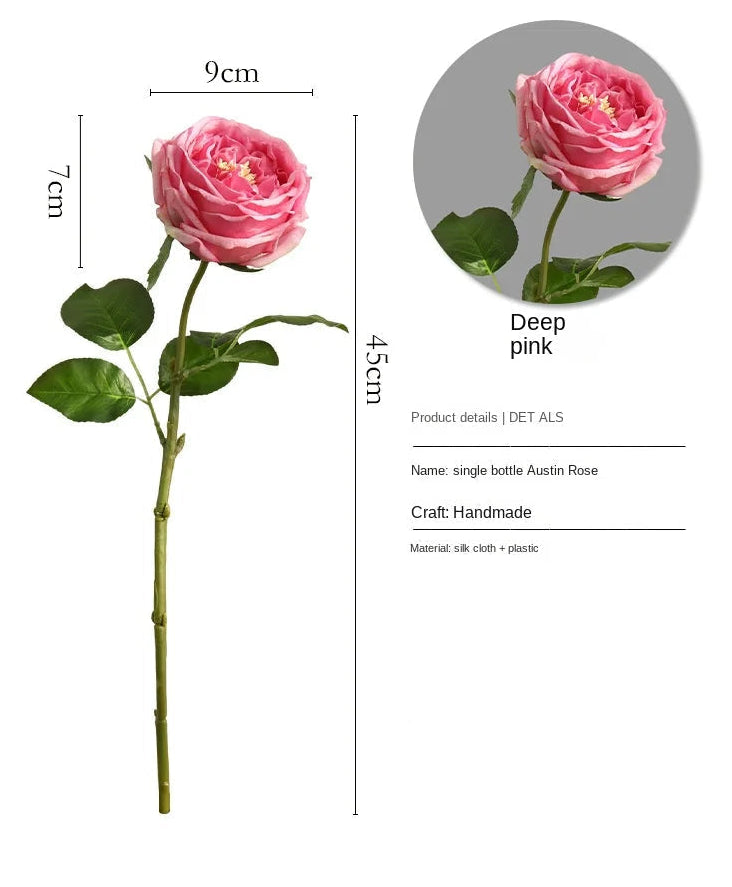 Deep pink artificial rose with measurements and product details on a white background