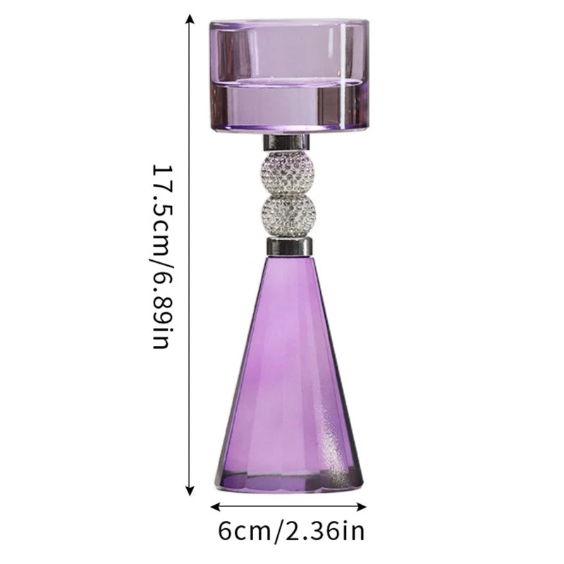 Purple glass candle holder with a tapered base, a beaded stem, and a round top, shown with dimension markers indicating 17.5 cm height and 6 cm width on a white background.