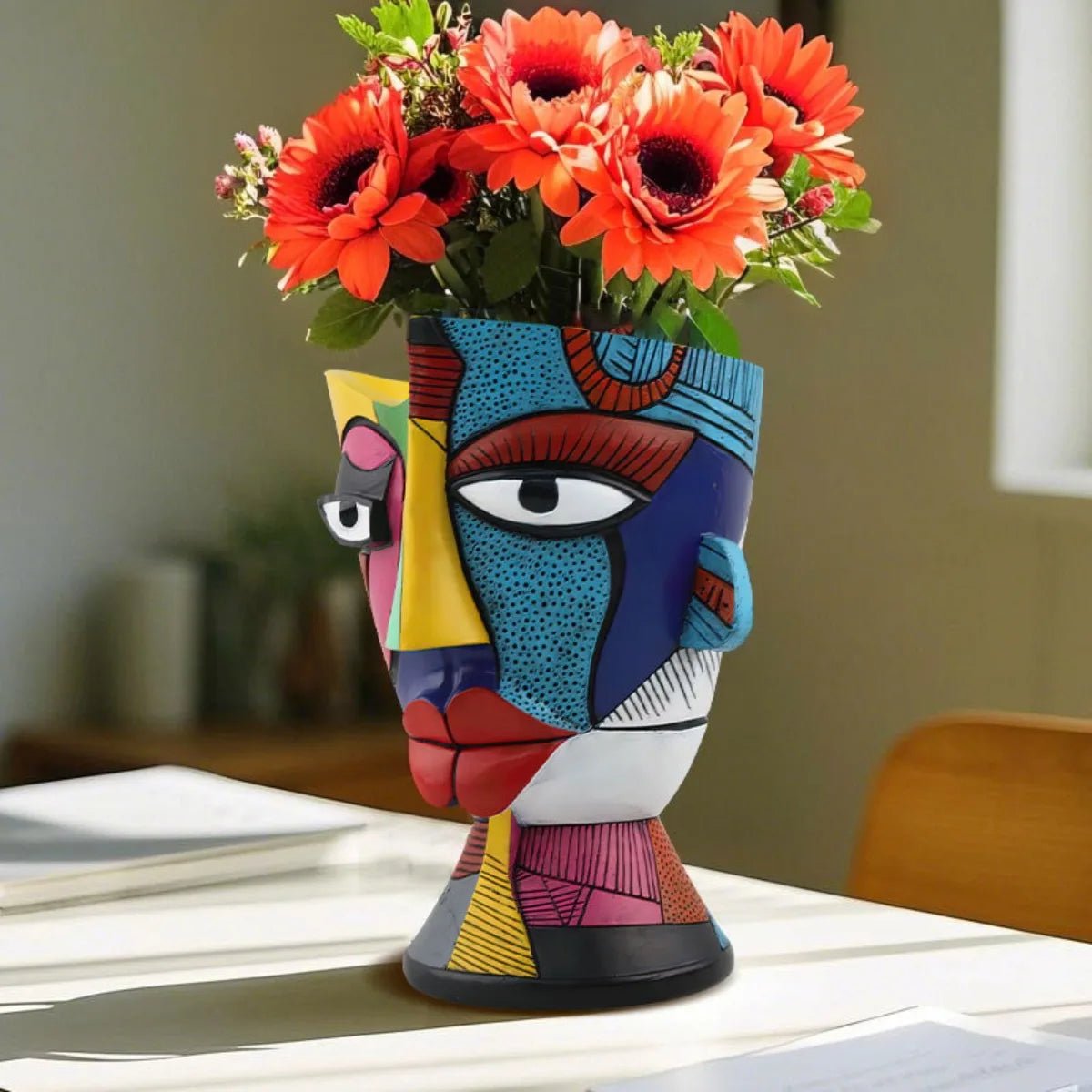 Colorful abstract vase with flowers on a table