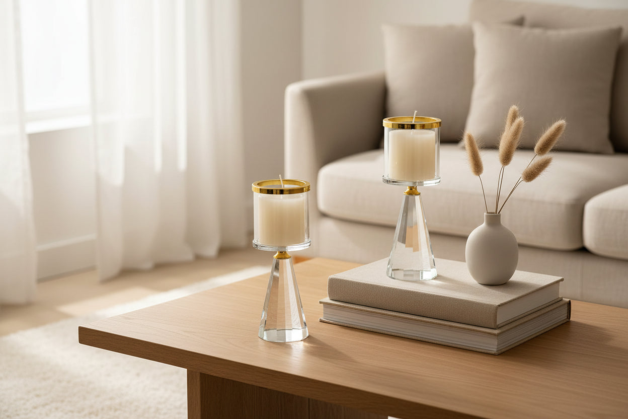 Two clear glass taper candle holders with gold trim and white candles, displayed on a tabletop with a dark wood slat backdrop and a white book.
