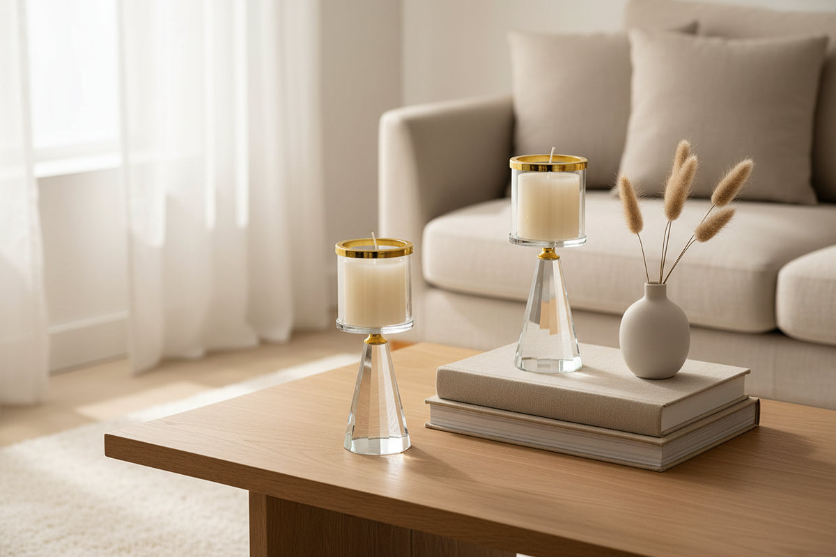 Two clear glass taper candle holders with gold trim and white candles, displayed on a tabletop with a dark wood slat backdrop and a white book.