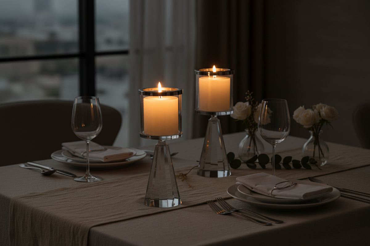 Two clear glass candle holders with faceted geometric bases and cylindrical glass tops holding cream-colored candles, displayed on a tabletop with a dark wood-paneled wall behind them.