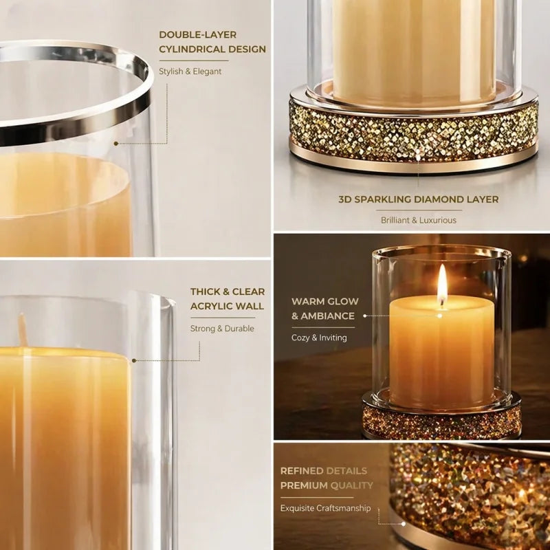 A collage showing a decorative candle in a clear cylindrical glass holder with a sparkling gold glitter base. Text callouts highlight features such as double-layer cylindrical design, 3D sparkling diamond layer, thick clear acrylic wall, warm glow ambiance, and refined premium quality.