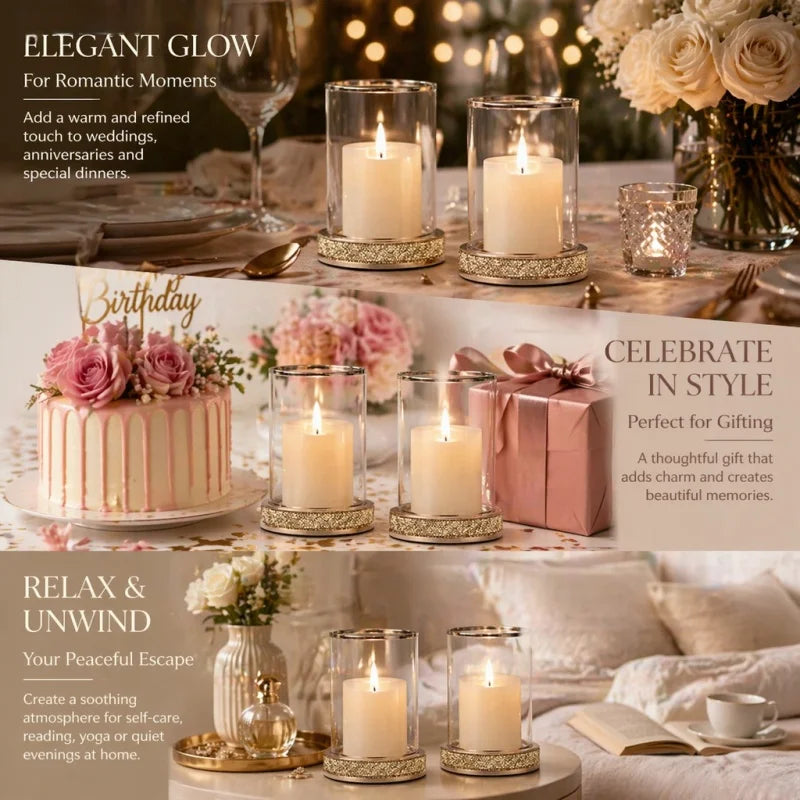 Three-tier glass candle holders with lit white candles and glittery gold bases, styled on a decorated wedding table with roses, a birthday cake, and gift boxes, alongside promotional text overlays.