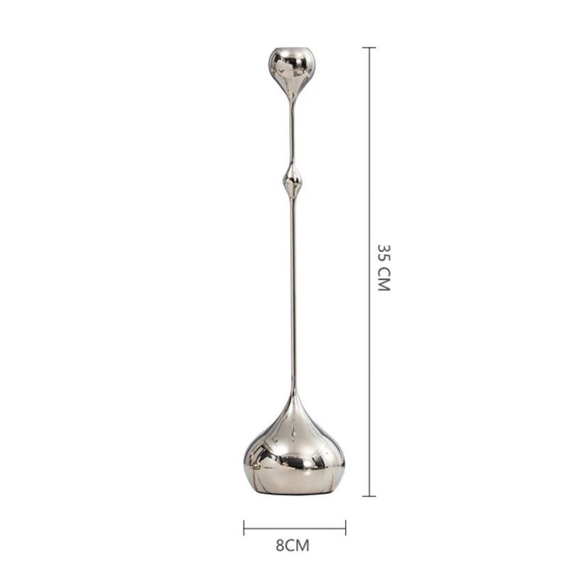 Silver candle holder (A) with dimensions on a white background