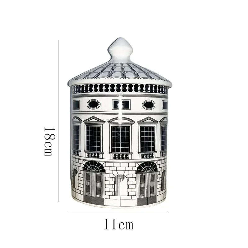 Decorative cylindrical container with architectural design and measurements on a white background