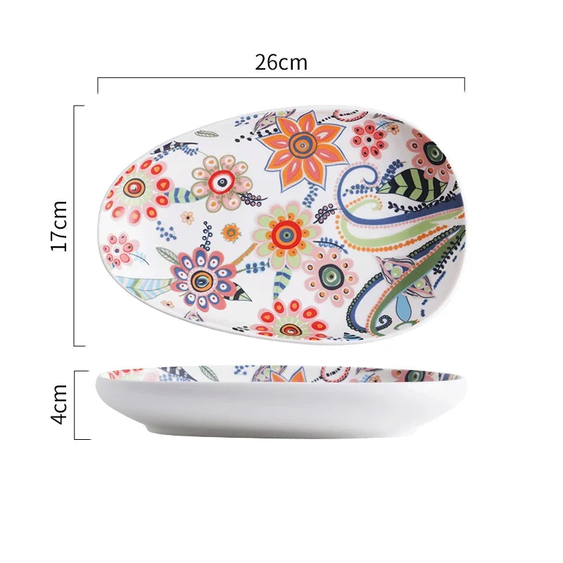 Colorful floral-patterned dish with dimensions on a white background