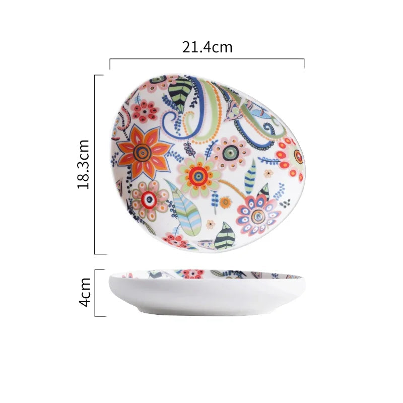 Colorful floral-patterned plate with dimensions on a white background
