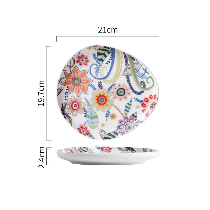 Colorful ceramic plate with floral design and dimensions on a white background