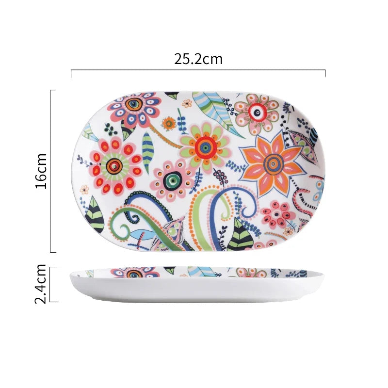 Colorful floral-patterned oval plate with dimensions on a white background