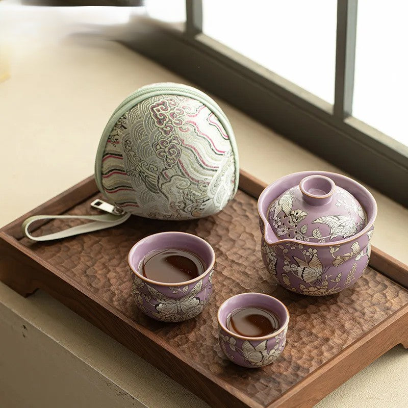 Ceramic Portable Tea Set - Ru Kiln Butterfly
