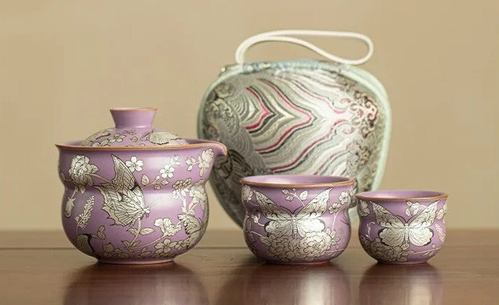 Ceramic Portable Tea Set - Ru Kiln Butterfly