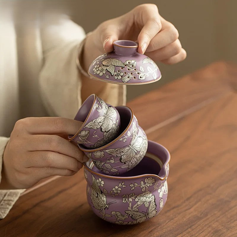 Ceramic Portable Tea Set - Ru Kiln Butterfly