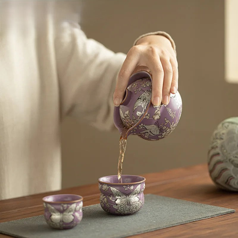 Ceramic Portable Tea Set - Ru Kiln Butterfly