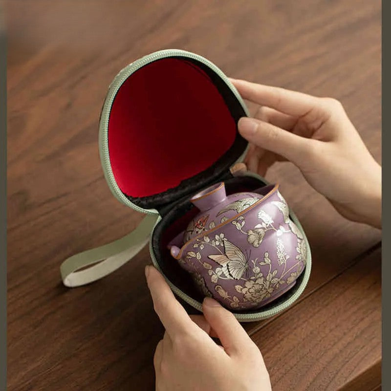 Ceramic Portable Tea Set - Ru Kiln Butterfly