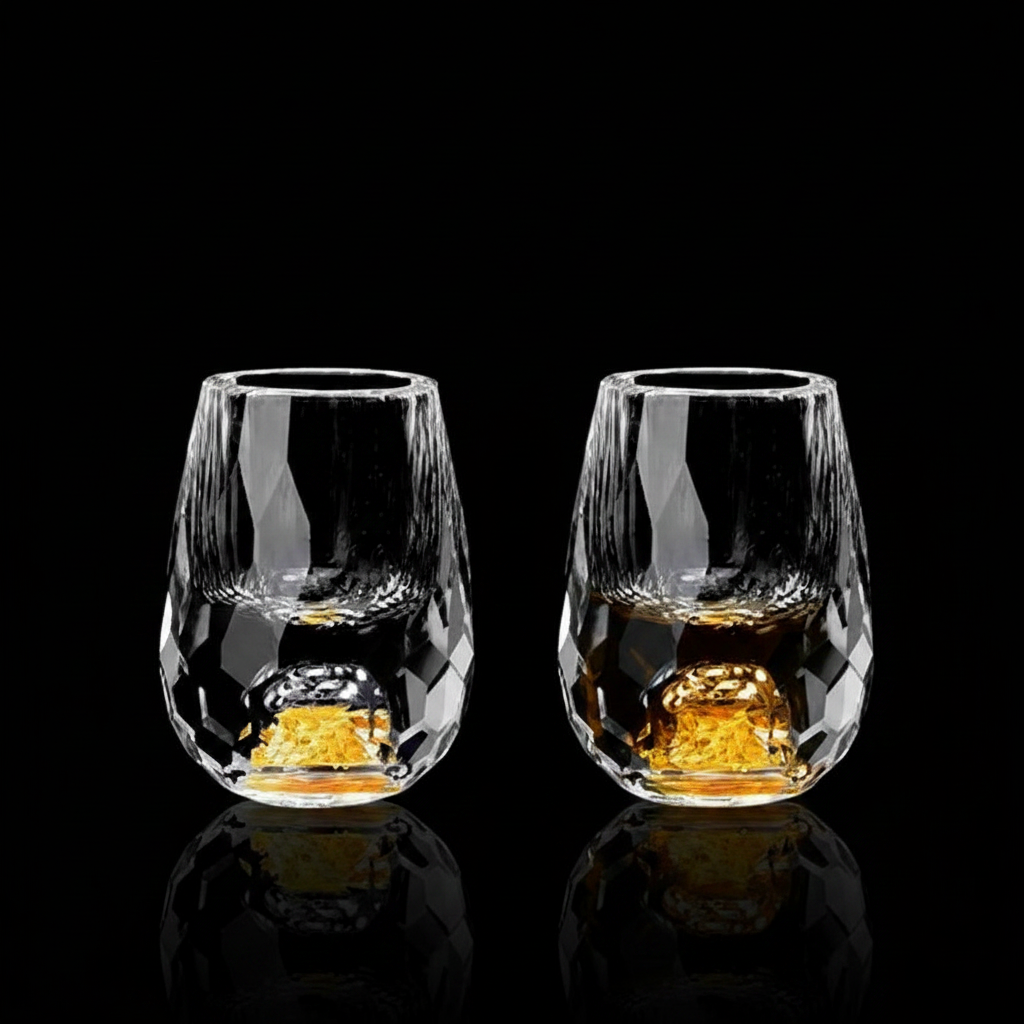Two crystal shot glasses with diamond cut and gold foil on lack background