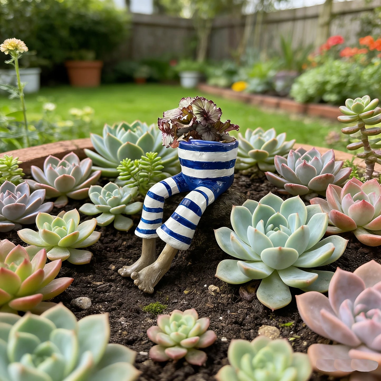 A ceramic planter shaped like a seated person in blue-and-white striped clothing, holding a small succulent, displayed among real succulents in a garden bed with a blurred outdoor garden background.