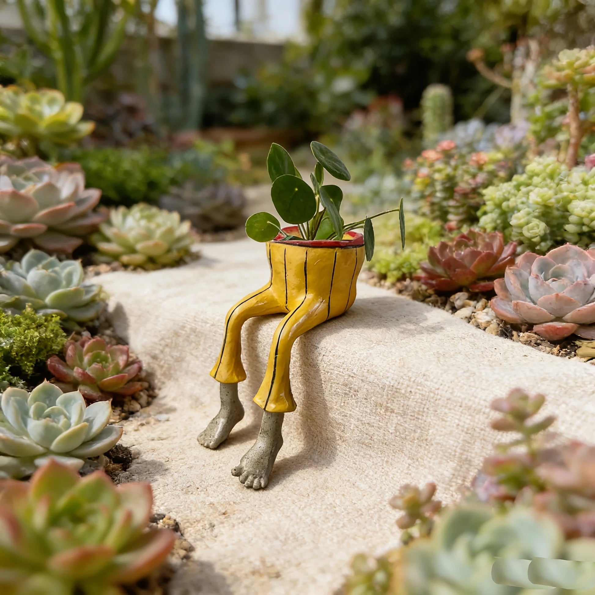 A small potted succulent sits on the lap of a yellow ceramic planter shaped like a seated figure with legs, placed on a stone path surrounded by real succulents in a garden setting.