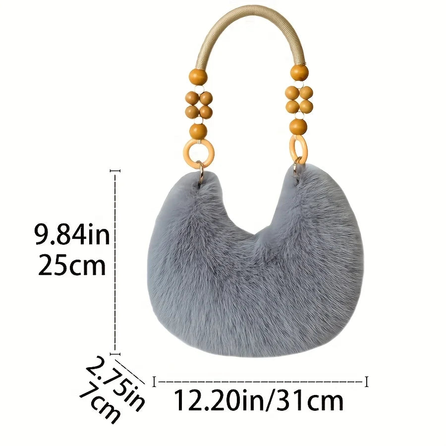 Gray fluffy handbag with wooden beads on strap and measurements, on a white background