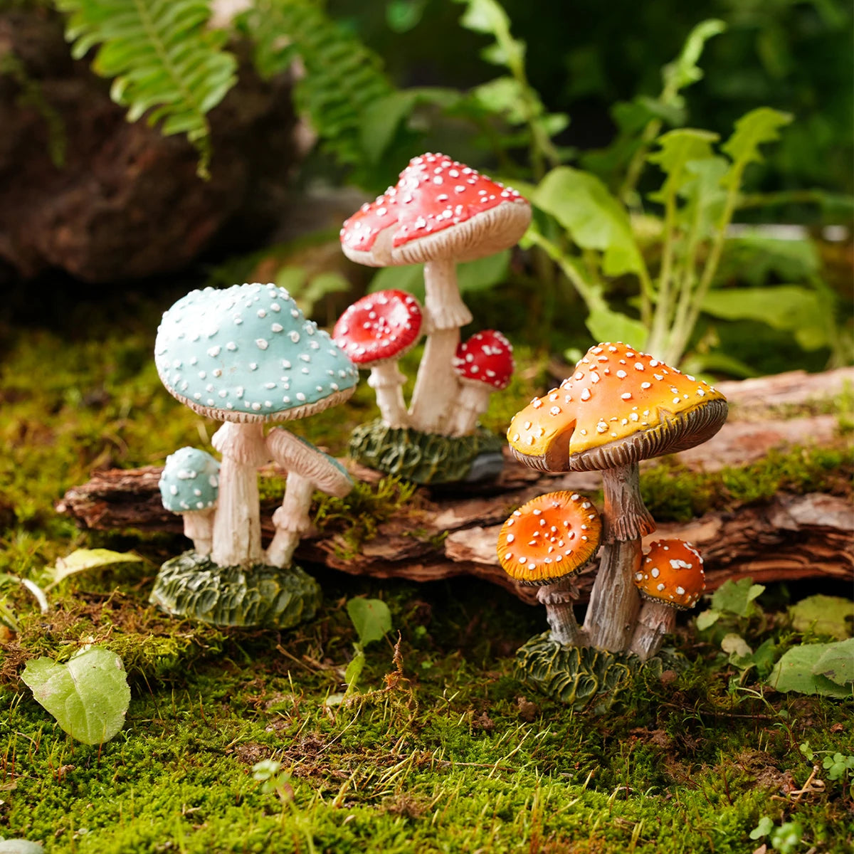 Colorful mushroom figurines on a natural background