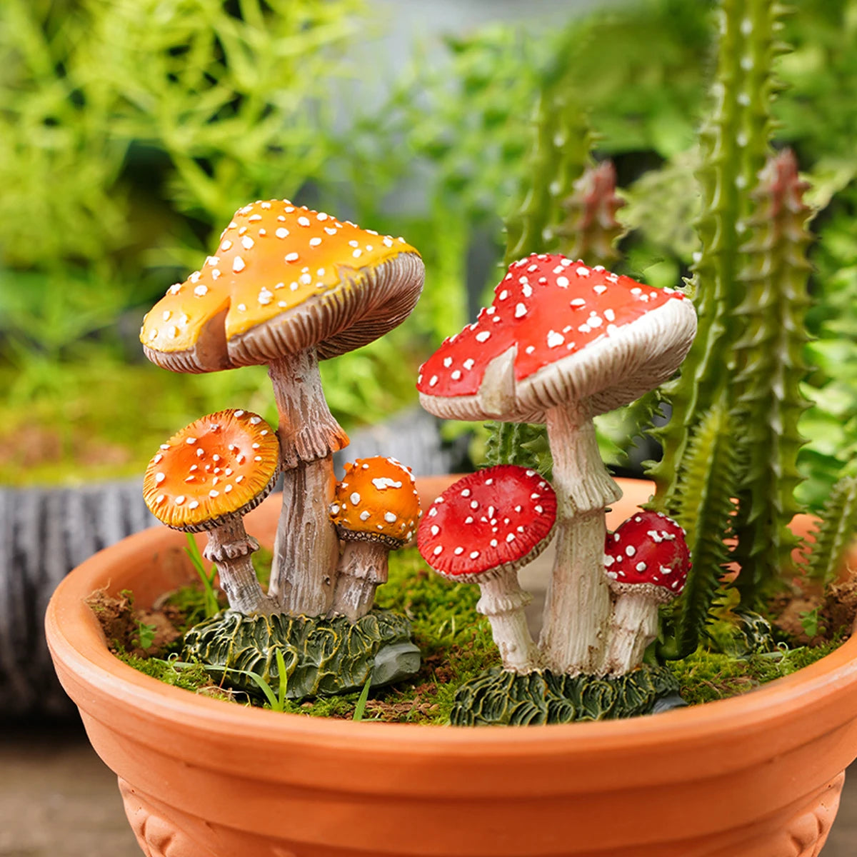 Miniature mushrooms in a pot with a natural background