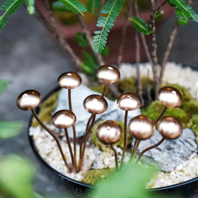 Decorative metallic mushrooms in a small garden setting with greenery.