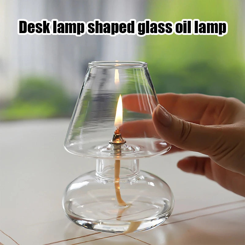 Glass oil lamp shaped like a desk lamp. Minimalist design.