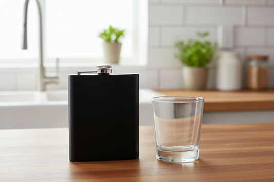 A matte black metal flask with a silver screw cap and clasp, standing next to a clear glass tumbler on a wooden countertop in a bright, modern kitchen setting.