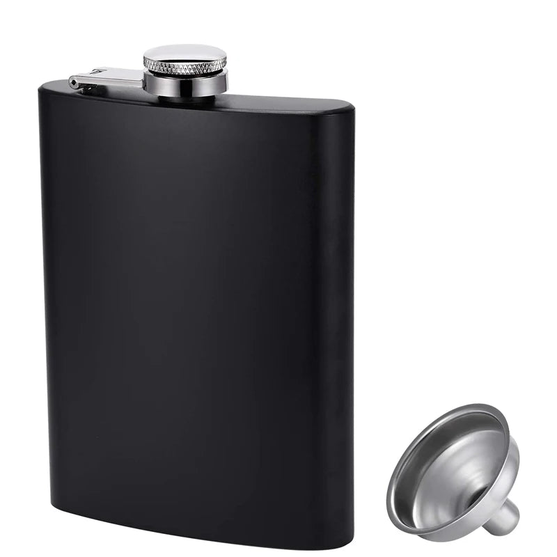 A matte black metal flask with a silver screw cap, shown next to a matching silver funnel on a plain white background.