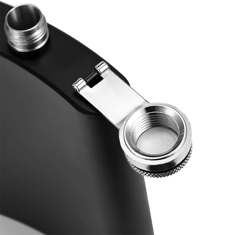 Close-up of a black cylindrical product with a silver metal threaded connector and a small black rubber gasket, shown on a white background.