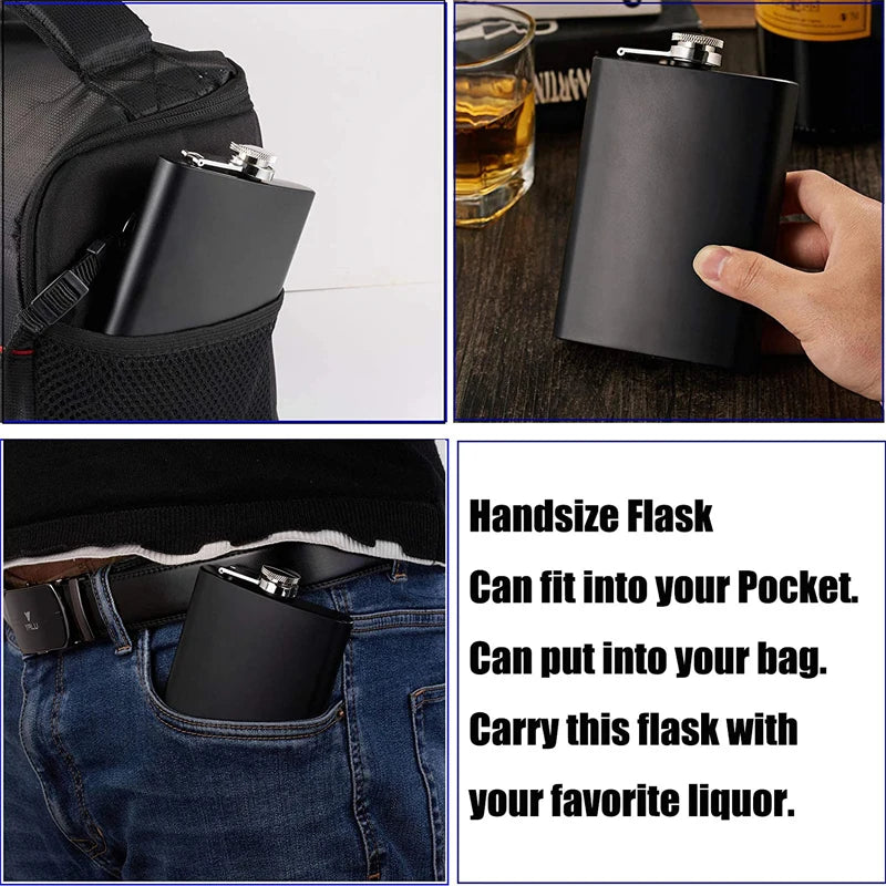 A collage showing a black handsized flask with silver metal caps, demonstrating its compact size by fitting into a backpack pocket, a hand holding it, and tucked into a jeans pocket. Text on the right explains its pocket-flask-bag carry design.