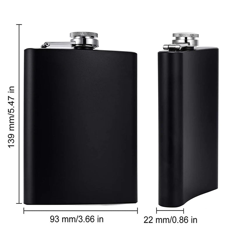 Two matte black metal hip flasks shown on a white background with dimension labels indicating height, width, and depth.