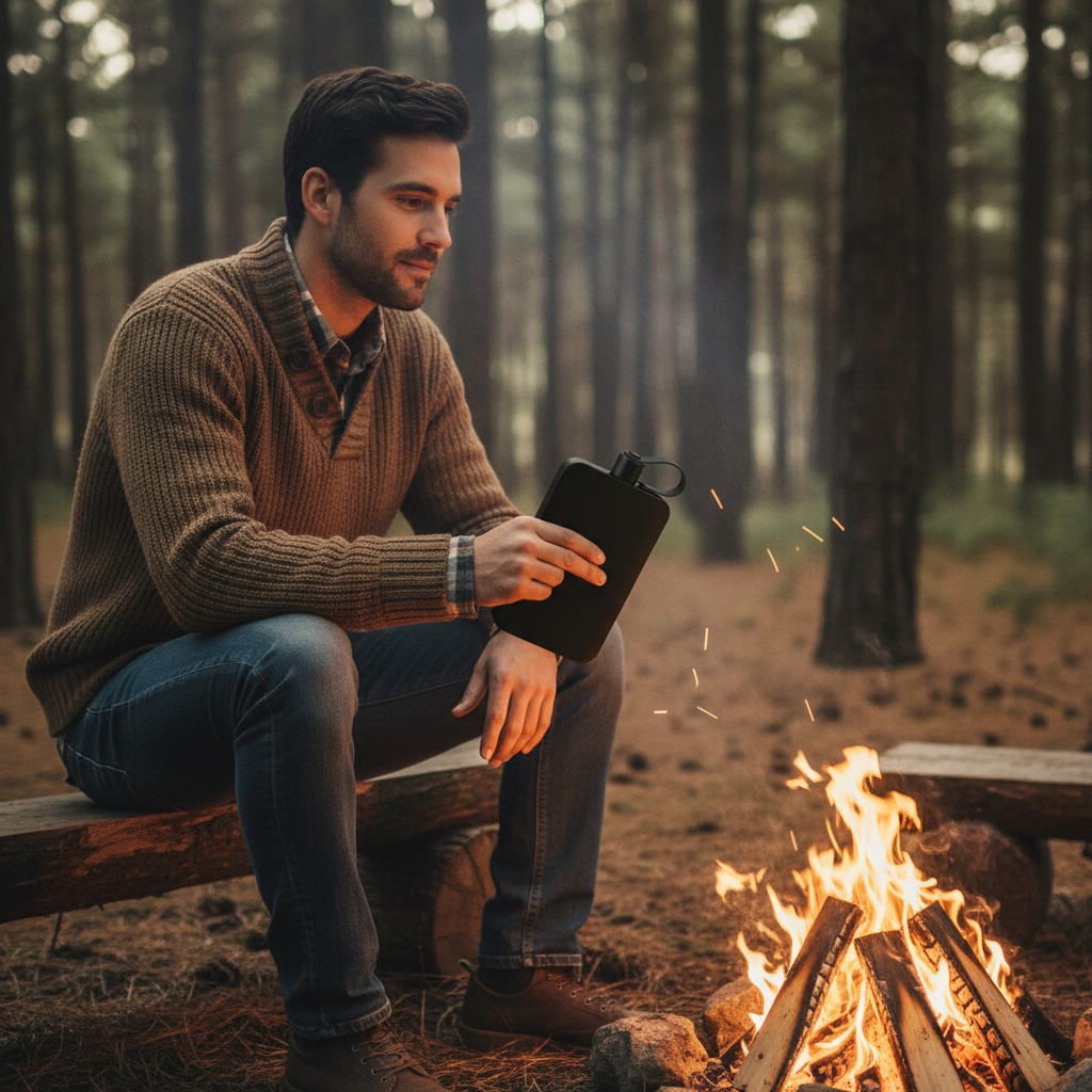 A man sits on a wooden bench by a campfire in a forest, holding a black flask. He is wearing a brown knit sweater, a plaid shirt, and blue jeans.