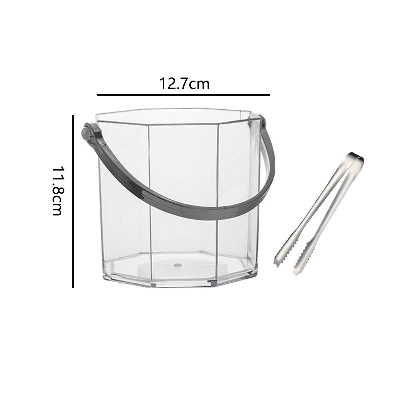 Clear glass ice bucket with a metal handle, shown with dimension labels of 12.7 cm width and 11.