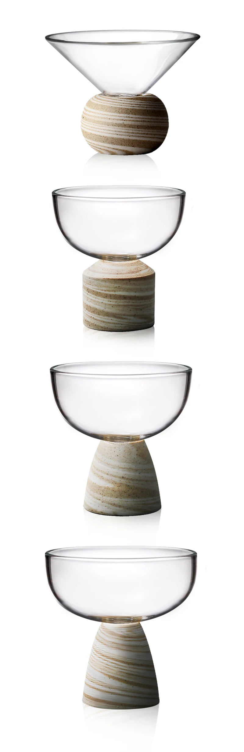 Four styles of glass cup with stoneware bases on a white background