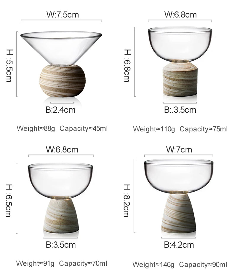 Glass cups with clay bases and measurements on a white background