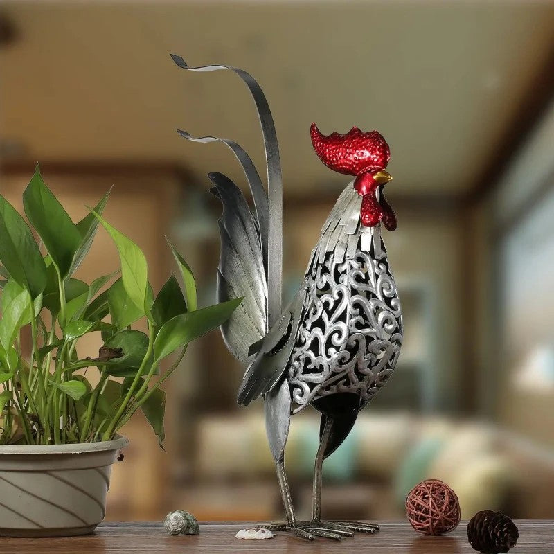Wrought iron sculpture of a proud rooster on a table - Chicken art piece