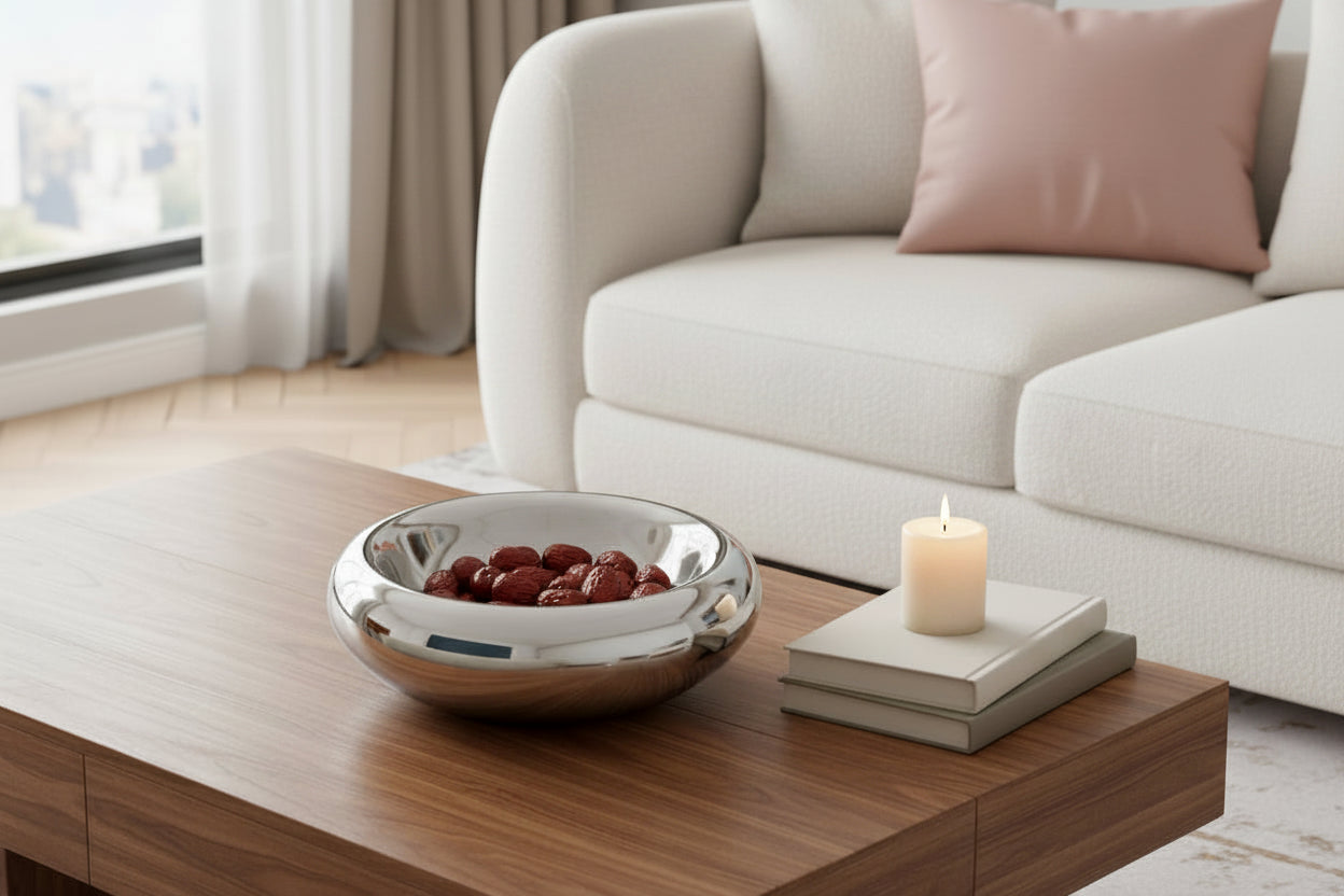 Silver bowl with red berries on a white background, held in hands