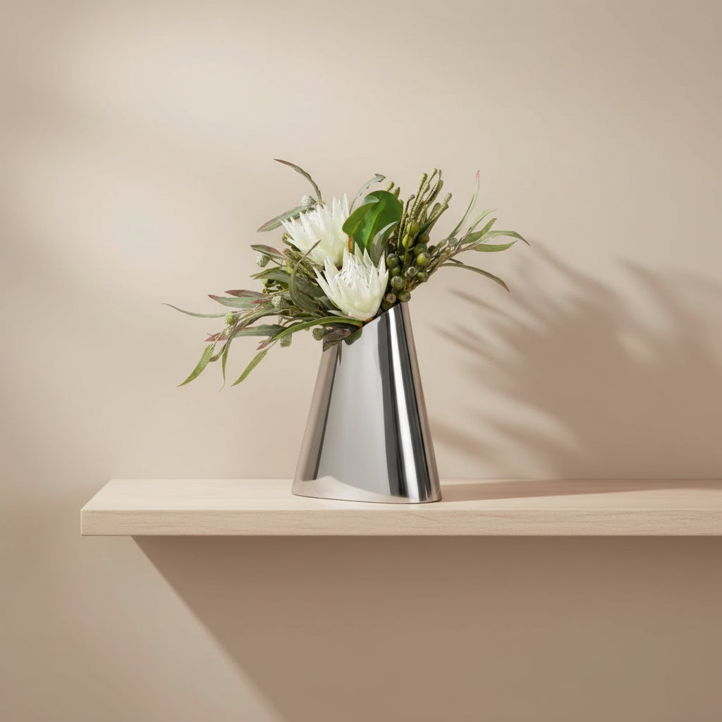 A modern metallic silver cone-shaped vase filled with a floral arrangement featuring white protea-like flowers and green leaves, photographed on a plain white shelf.