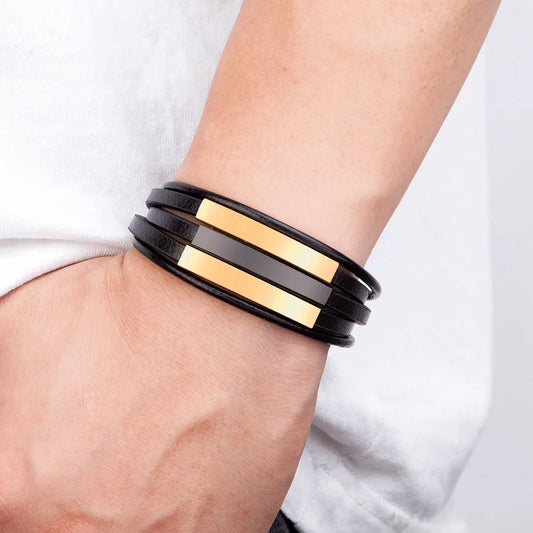 Multi-Layer Stainless Steel + Leather Bracelet
