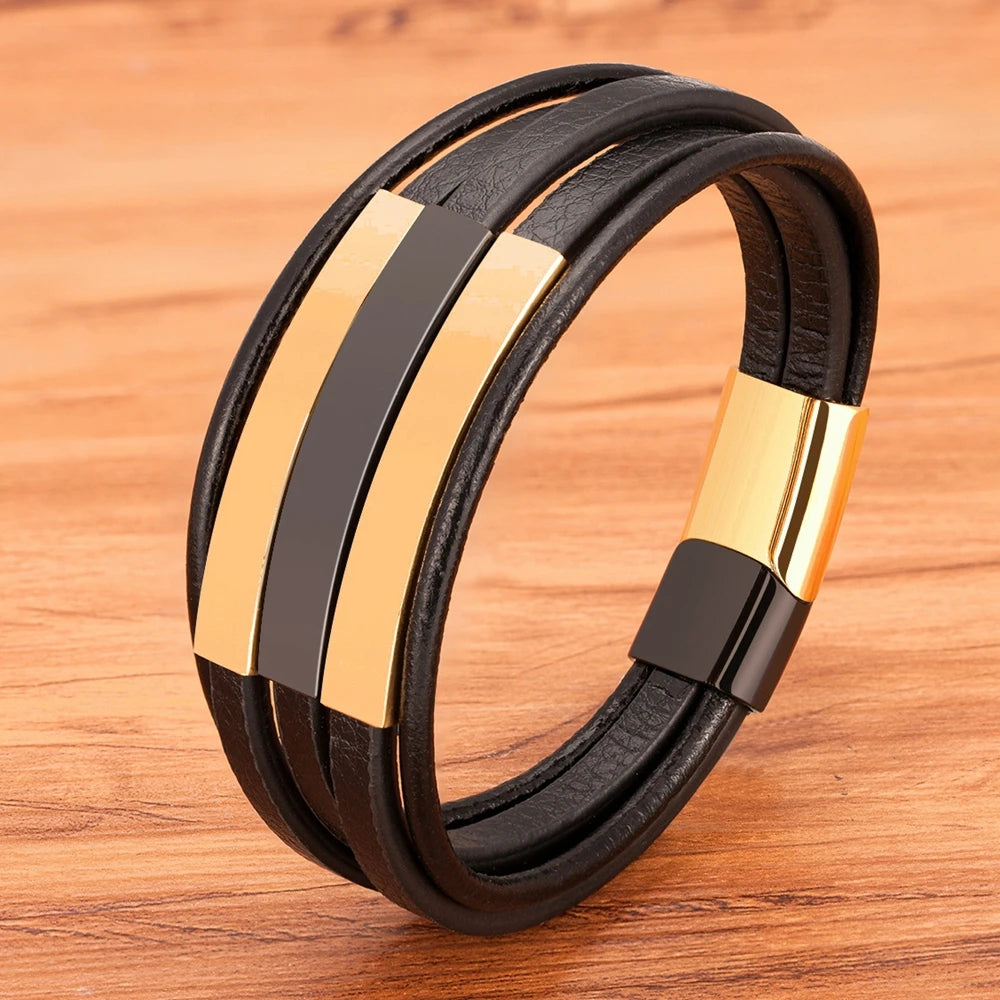 Multi-Layer Stainless Steel + Leather Bracelet