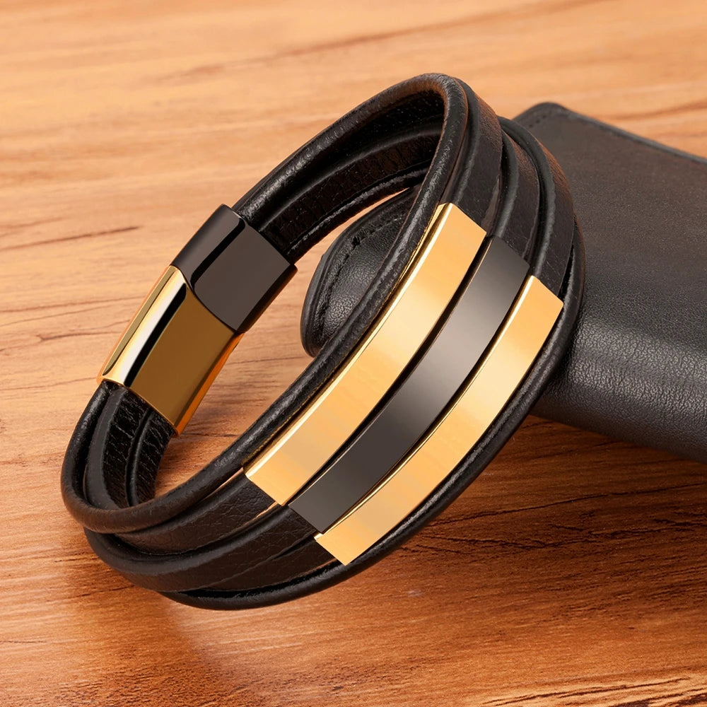 Multi-Layer Stainless Steel + Leather Bracelet