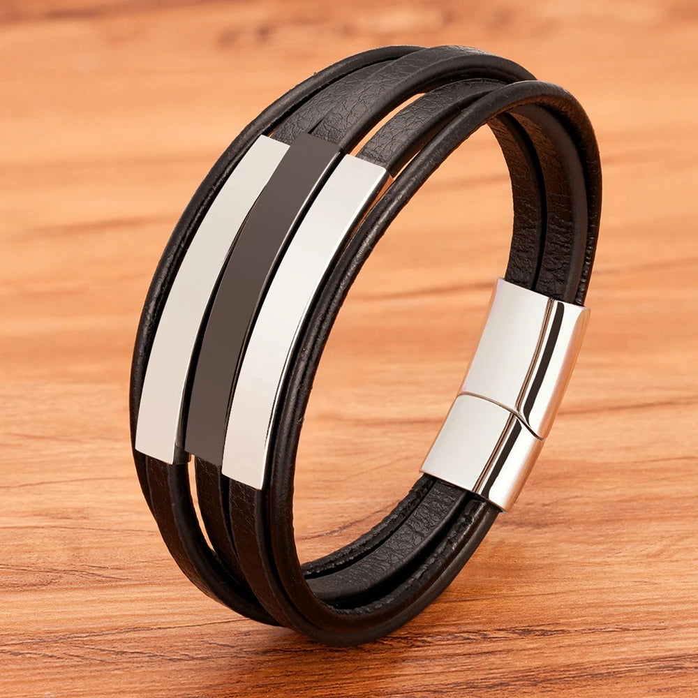 Multi-Layer Stainless Steel + Leather Bracelet