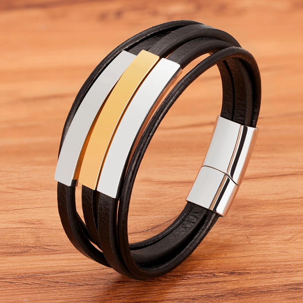 Multi-Layer Stainless Steel + Leather Bracelet