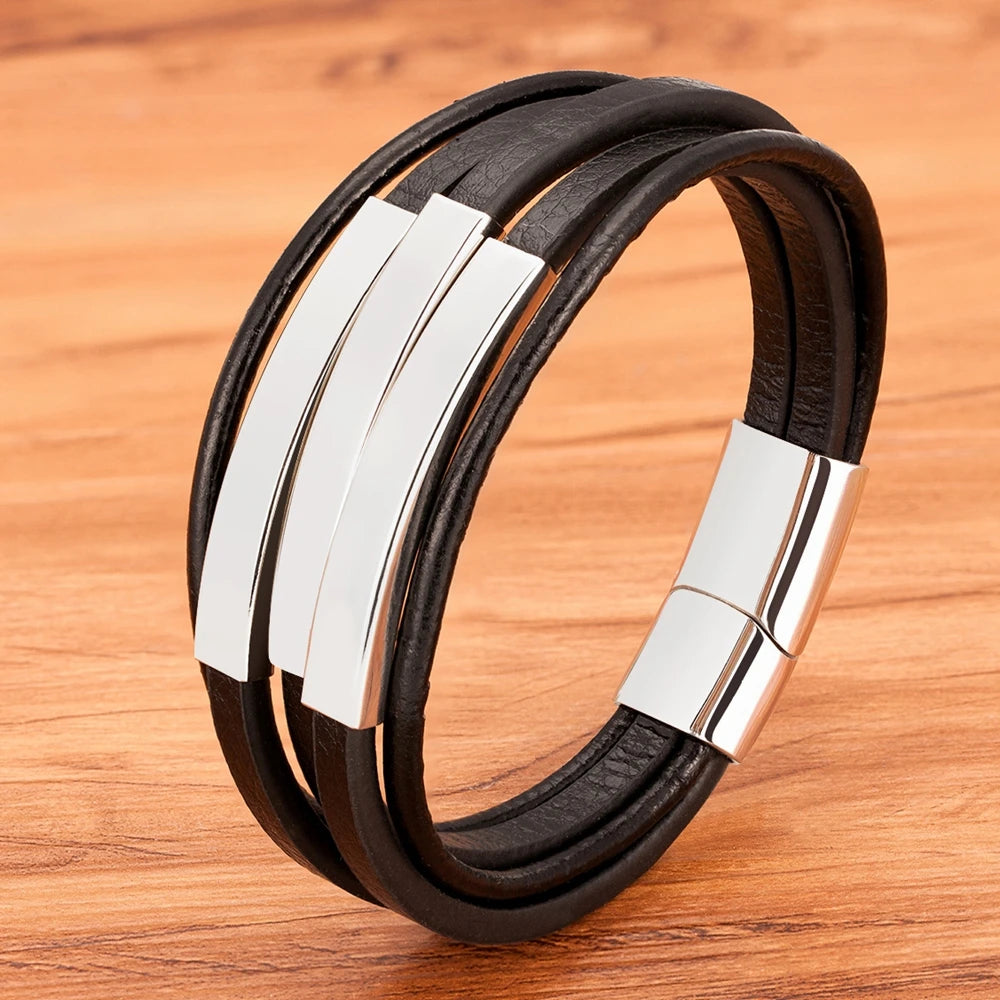 Multi-Layer Stainless Steel + Leather Bracelet