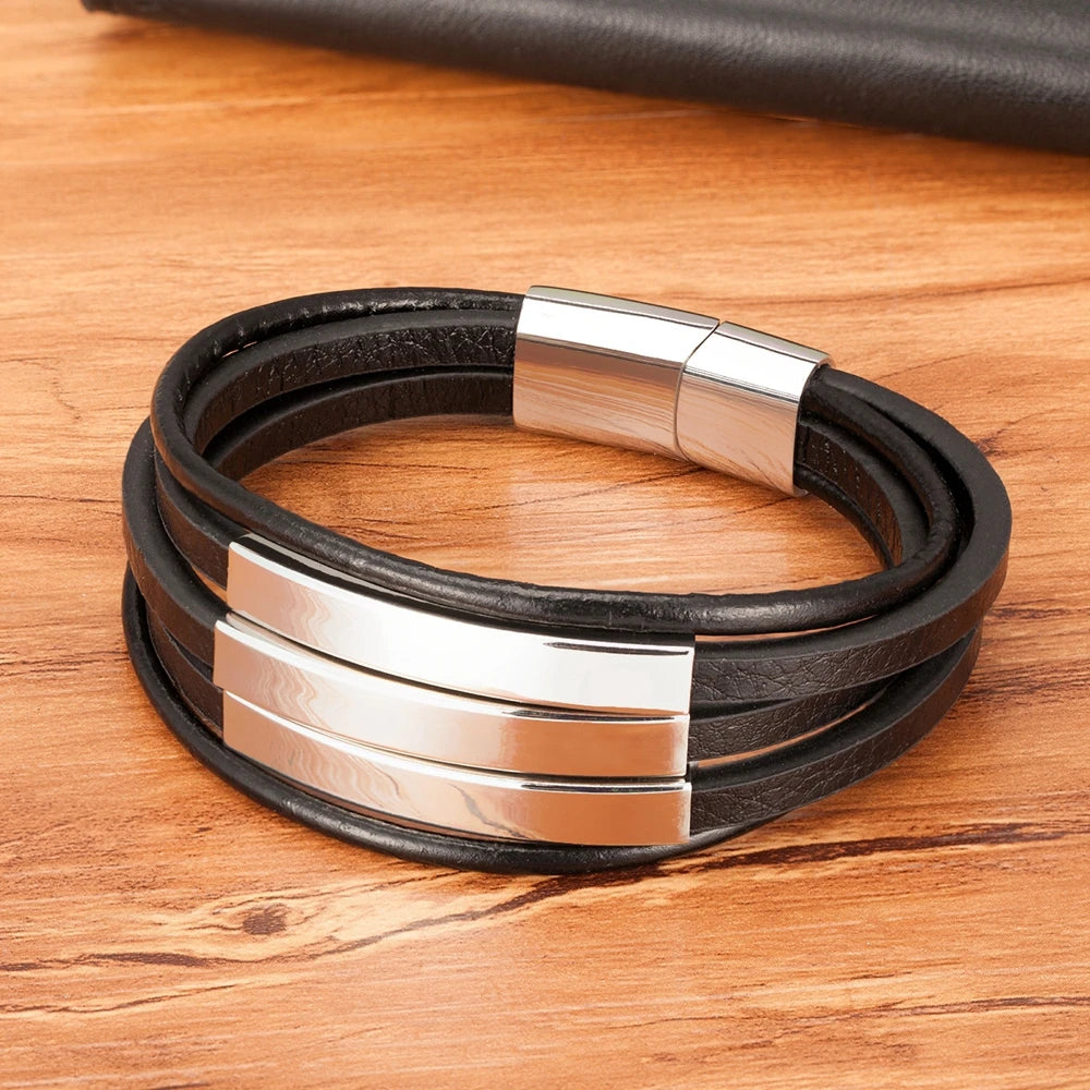 Multi-Layer Stainless Steel + Leather Bracelet