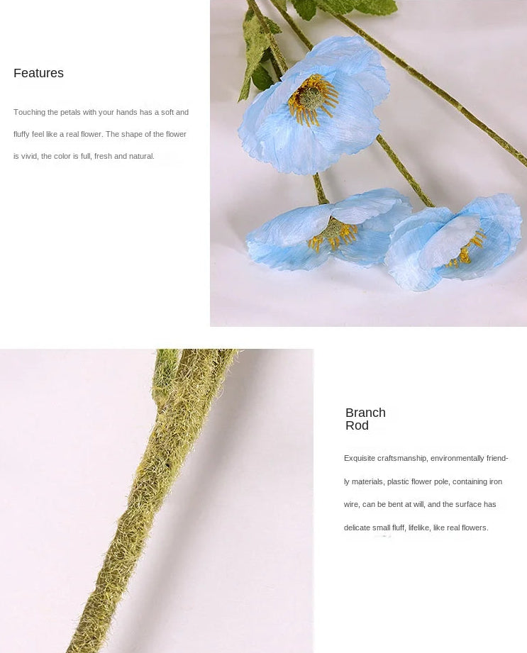 Blue artificial flowers with green stems on a light background