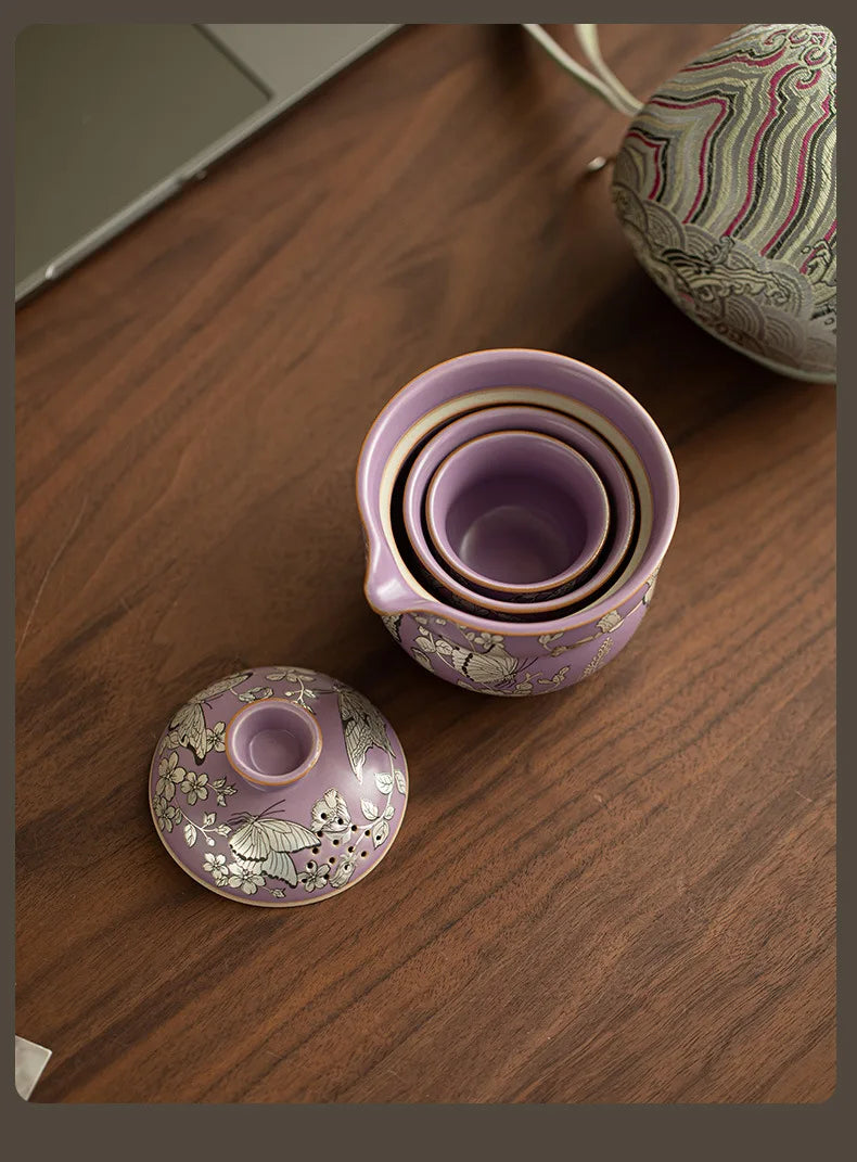 Ceramic Portable Tea Set - Ru Kiln Butterfly