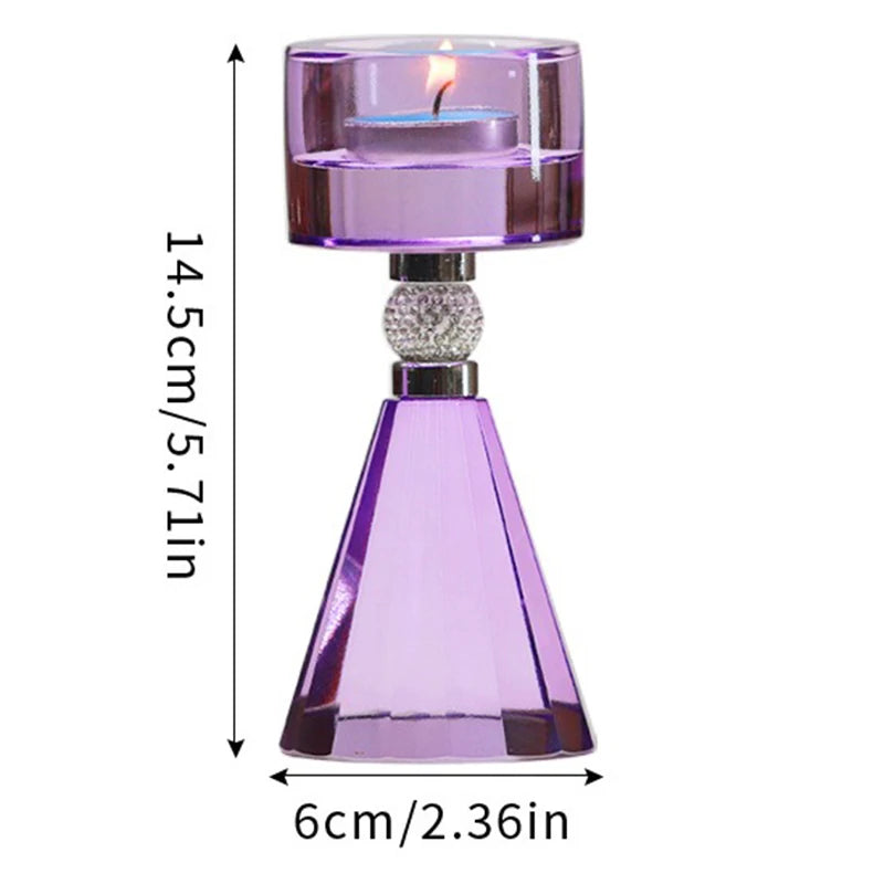 Purple glass candle holder with a faceted cone base, a crystal-like decorative ring, and a clear cylindrical top holding a tealight candle, shown with dimension labels of 14.5 cm height and 6 cm width on a white background.